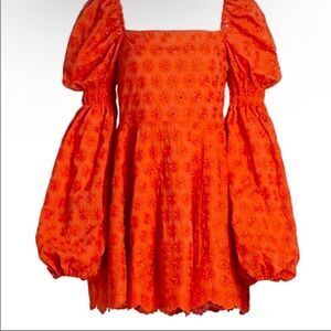 NWT Caroline Constas Dress Mini Short Embroidered Daisy Orange Sienna XS